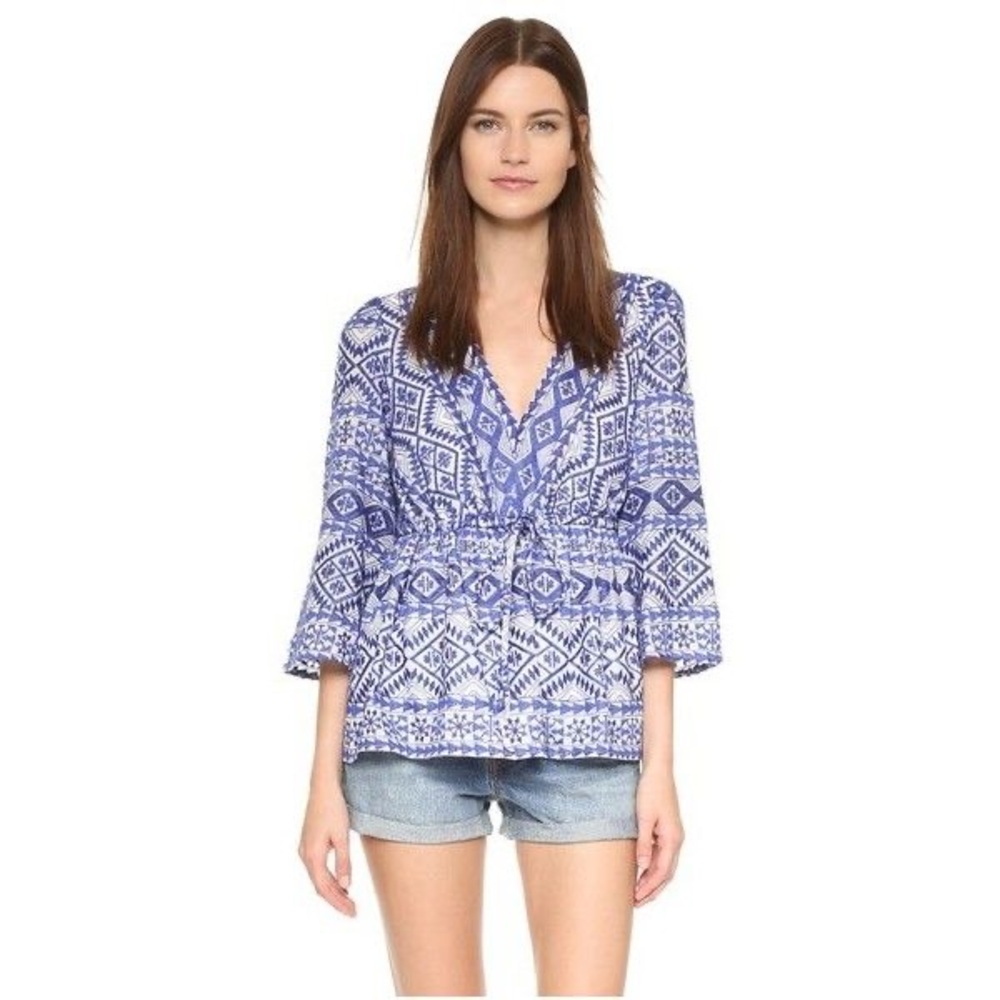 BCBG Maxazria Covina Blue & White Embroidered Blouse Top XXS